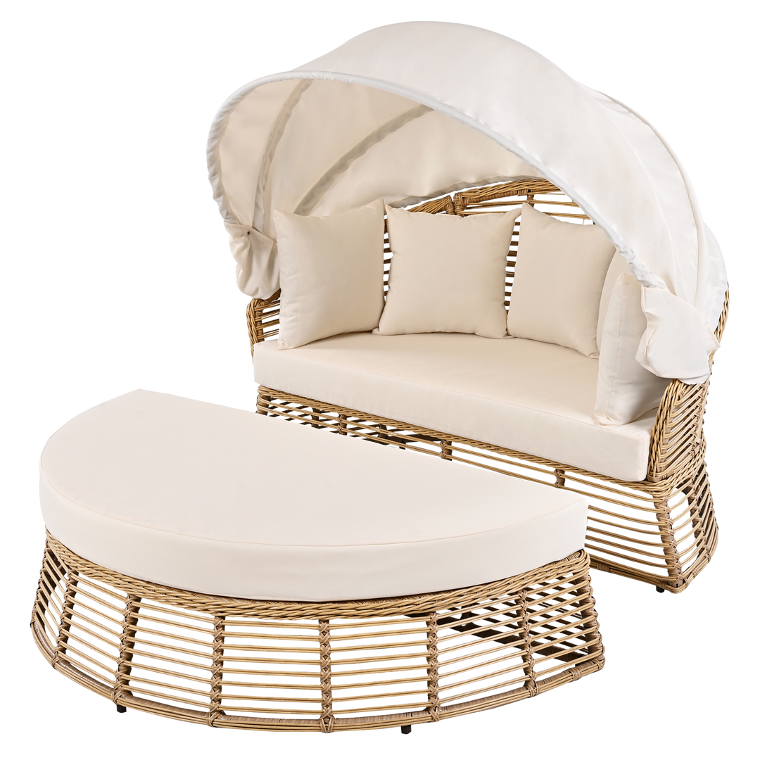 Luxurious 51" Beige Wicker Patio Daybed with Retractable Canopy and Premium Cushion Set