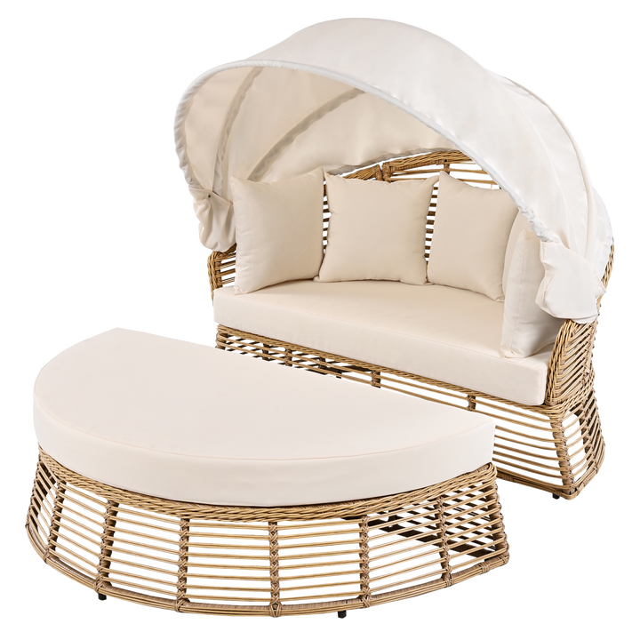 Luxurious 51" Beige Wicker Patio Daybed with Retractable Canopy and Premium Cushion Set