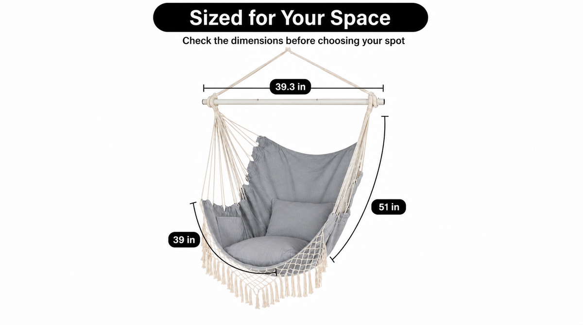 Boho Macrame Hammock Chair with Fringe, 2 Cushions & Side Pocket - fit and scale image 1
