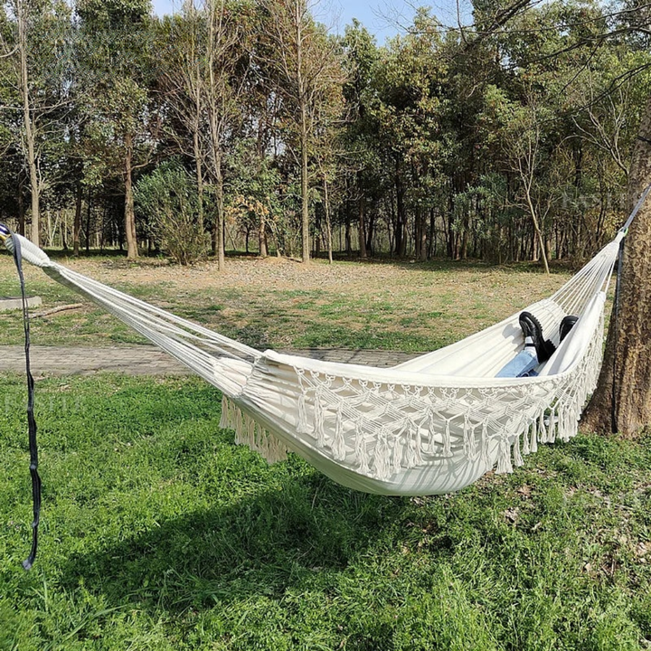 2-Person Boho Macramé Fringe Double Deluxe Hammock Swing | Trufairs