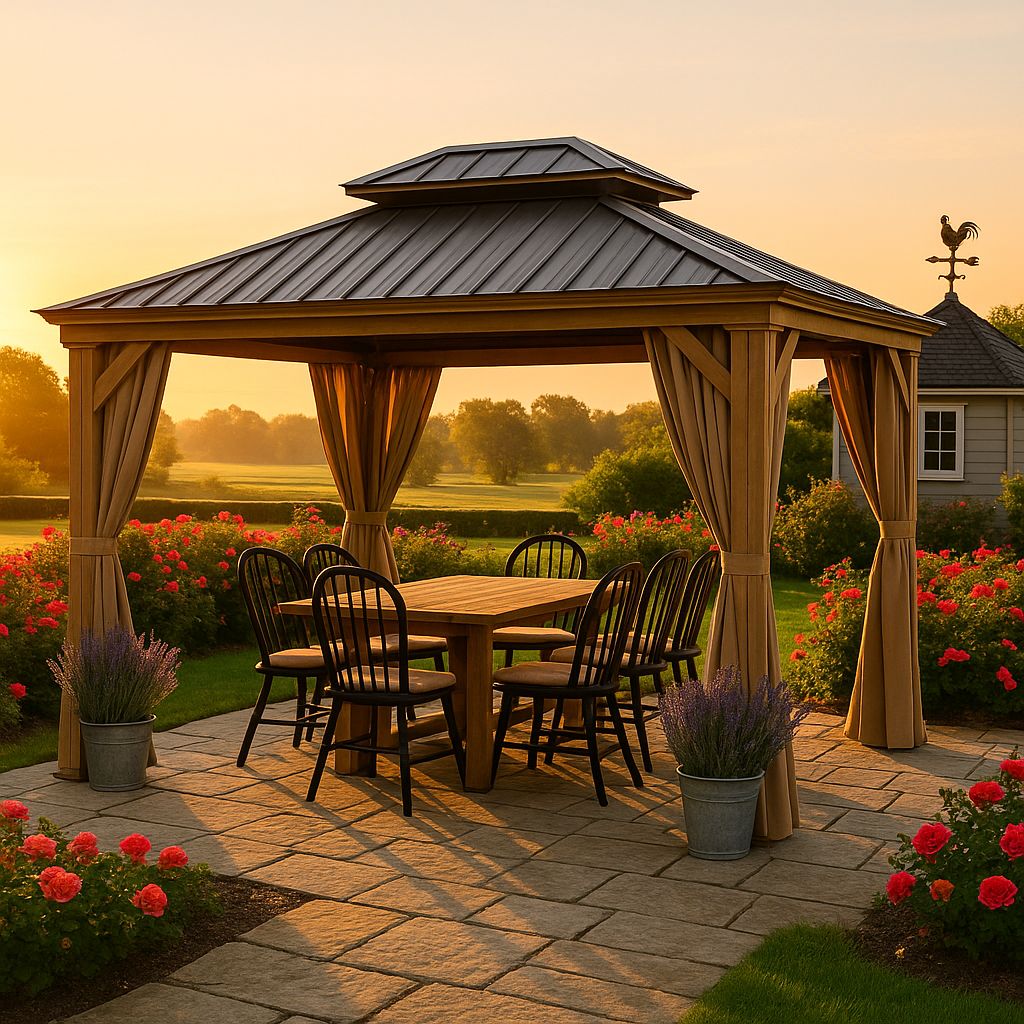 Premium 12' x 14' Hardtop Gazebo - Wood-Looking Aluminum Frame with Galvanized Steel Double Roof, Permanent Outdoor Metal Pavilion with Privacy Curtains & Netting for Patio, Deck & Lawn