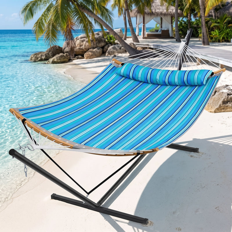 2-Person Outdoor & Indoor Hammock with Adjustable Height, Pillow & Stand – Portable, Sturdy, Colorful - 1