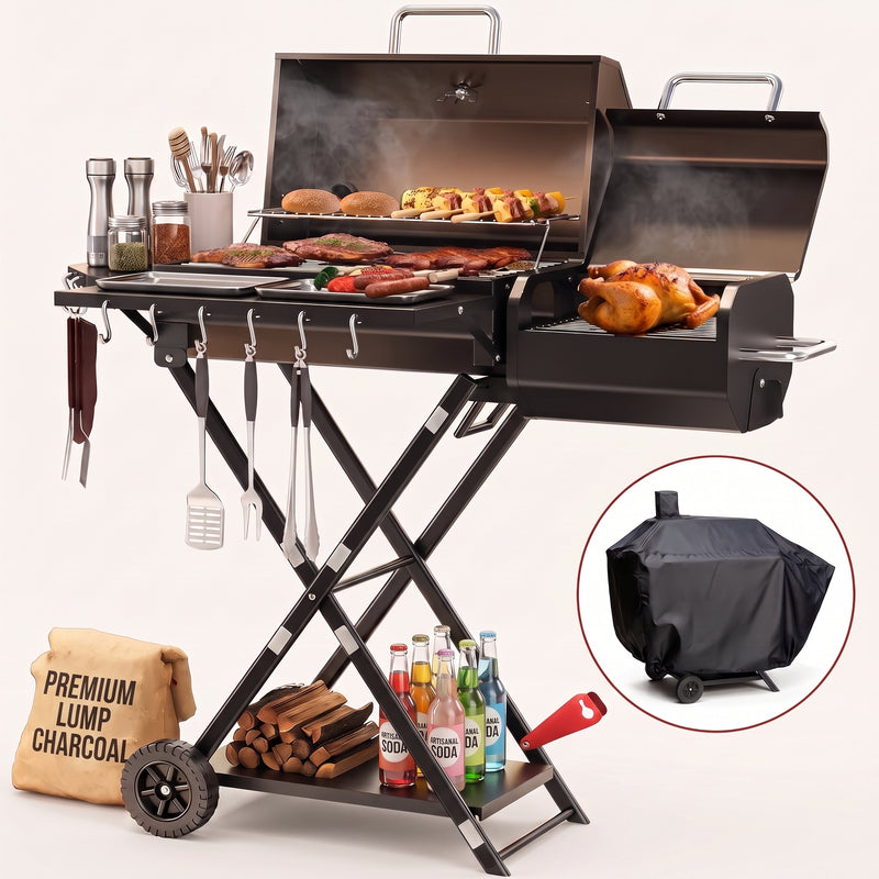 Portable Charcoal Grill with Smoking Function, Foldable Suitcase Design with Wheels, Multi-Tier Storage Rack & Waterproof Cover for Outdoor BBQ Parties - 1