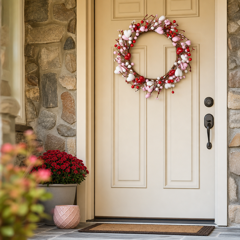 VALENTINE WREATHS FOR FRONT DOOR – HEART & BERRY FLORAL WREATH FOR VALENTINE’S DAY DÉCOR - 1
