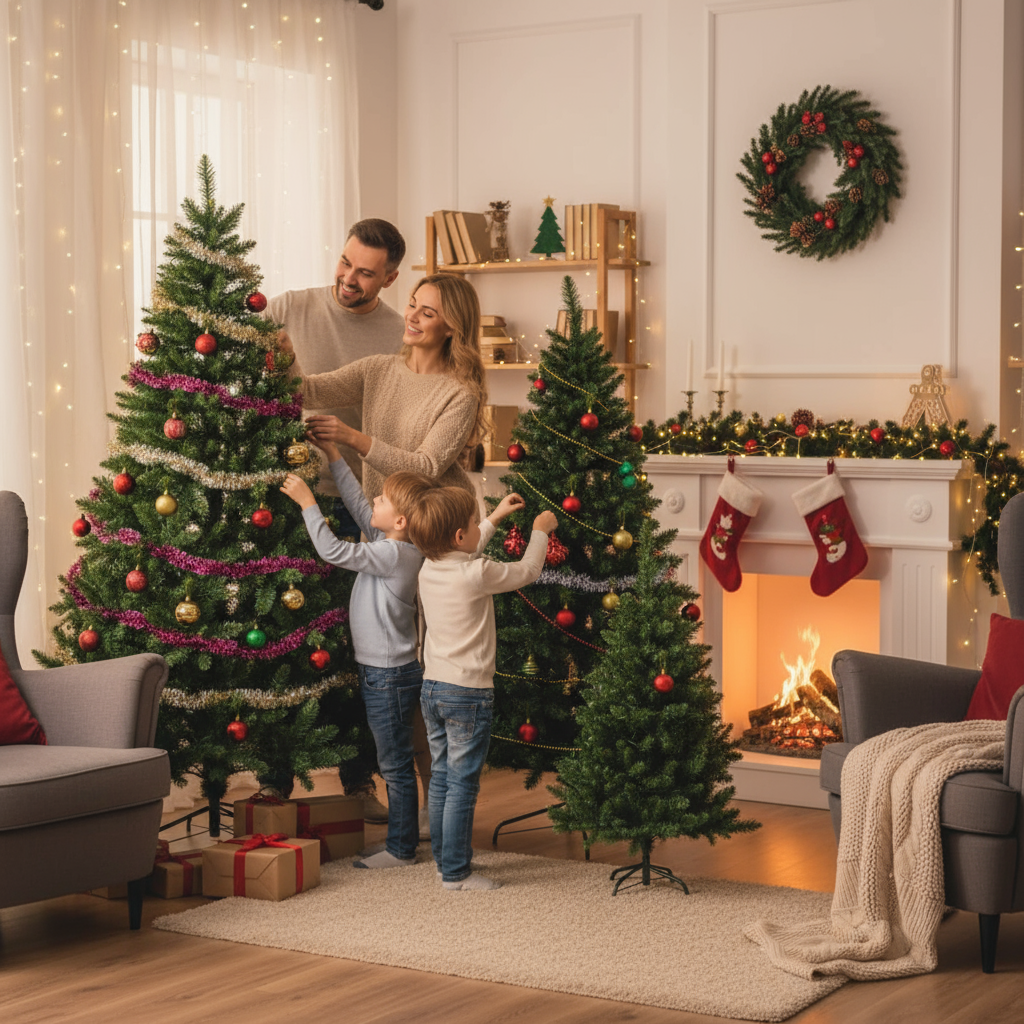 8FT, 6FT, 4FT Pre-Lit Green Pine Artificial Christmas Tree, Set of 3 Hinged Xmas Trees with 820 Warm-Yellow LED Lights and 2539 Branch Tips, Holiday Decoration for Home,Office and Party