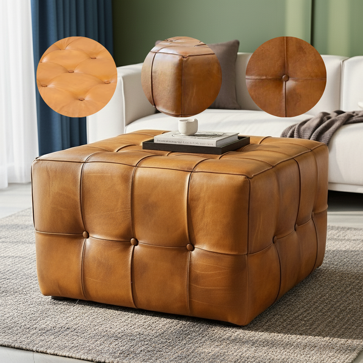 Benjiro Square Tan Leather Ottoman