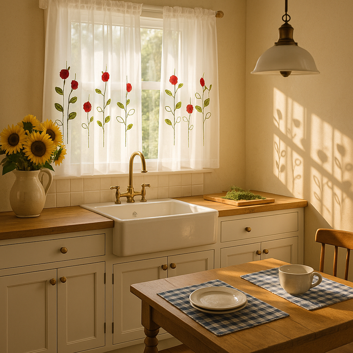 Elegant Semi-Sheer Ladybird Curtain - 59x30 Inch Lace Embroidered Half Panel with Floral Details for Cabinet Windows