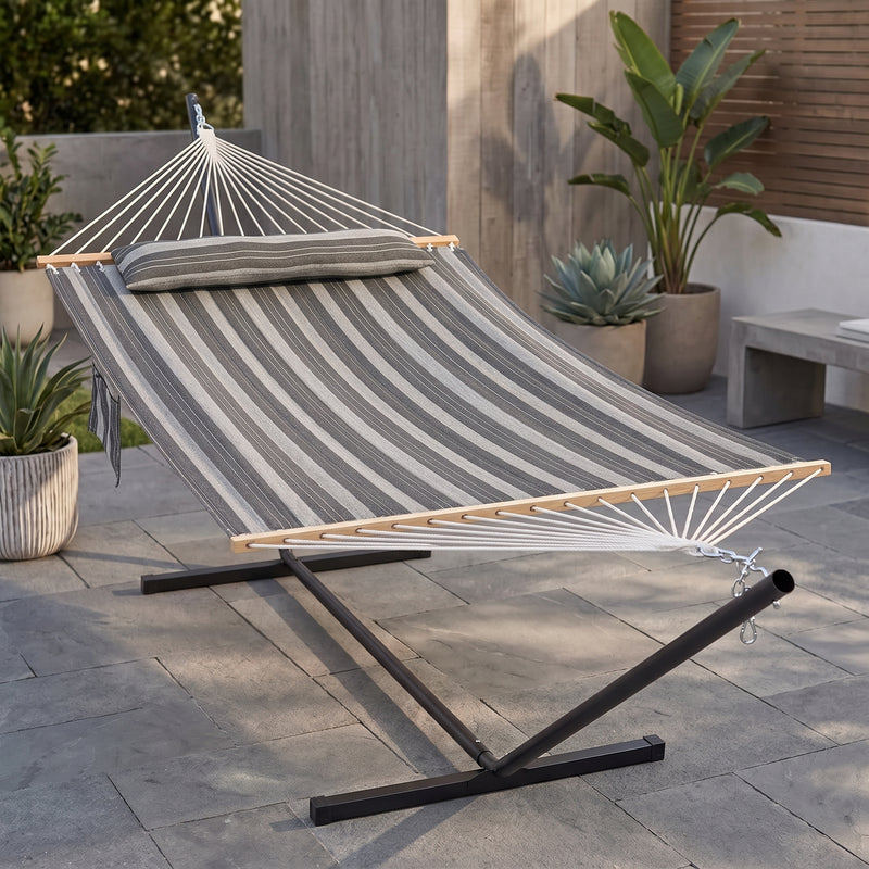 Outdoor Double Hammock with Stand for 2 – Heavy Duty Steel Frame, Pillow Included - 1