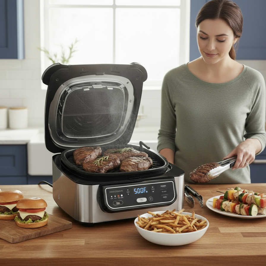 Ninja Foodi 4-in-1 Indoor Grill with 4-Qt Air Fryer, Roast, Bake, & Cyclonic Grilling Technology, Black/Stainless