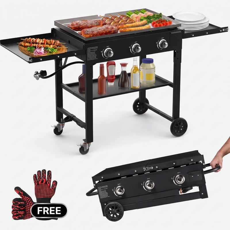2 & 3 BURNER PORTABLE PROPANE FLAT TOP GRIDDLE – 20,000–45,000 BTU OUTDOOR GRIDDLE WITH SIDE SHELVES & CART - 1