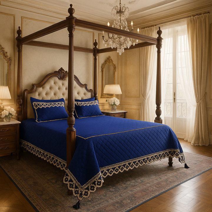 Luxurious 5-Piece European Noble Bedding Collection - Blue Bamboo Fiber Bedspread Set with Lace Edges & Tassel Details
