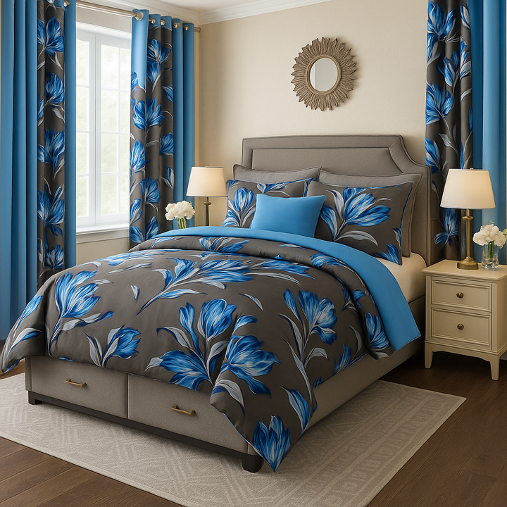 Luxurious 9-Piece Grey/Blue Jewel Flower Bamboo Microfiber Bedding Set - Complete Queen Bedroom Collection with Gift Bag