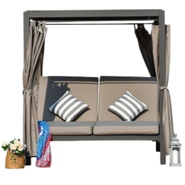 Large Outdoor Daybed Gray - 13.5ft Steel Metal Adjustable Day Bed with Reclining Back, Canopy & Thick Taupe Cushions for Patio