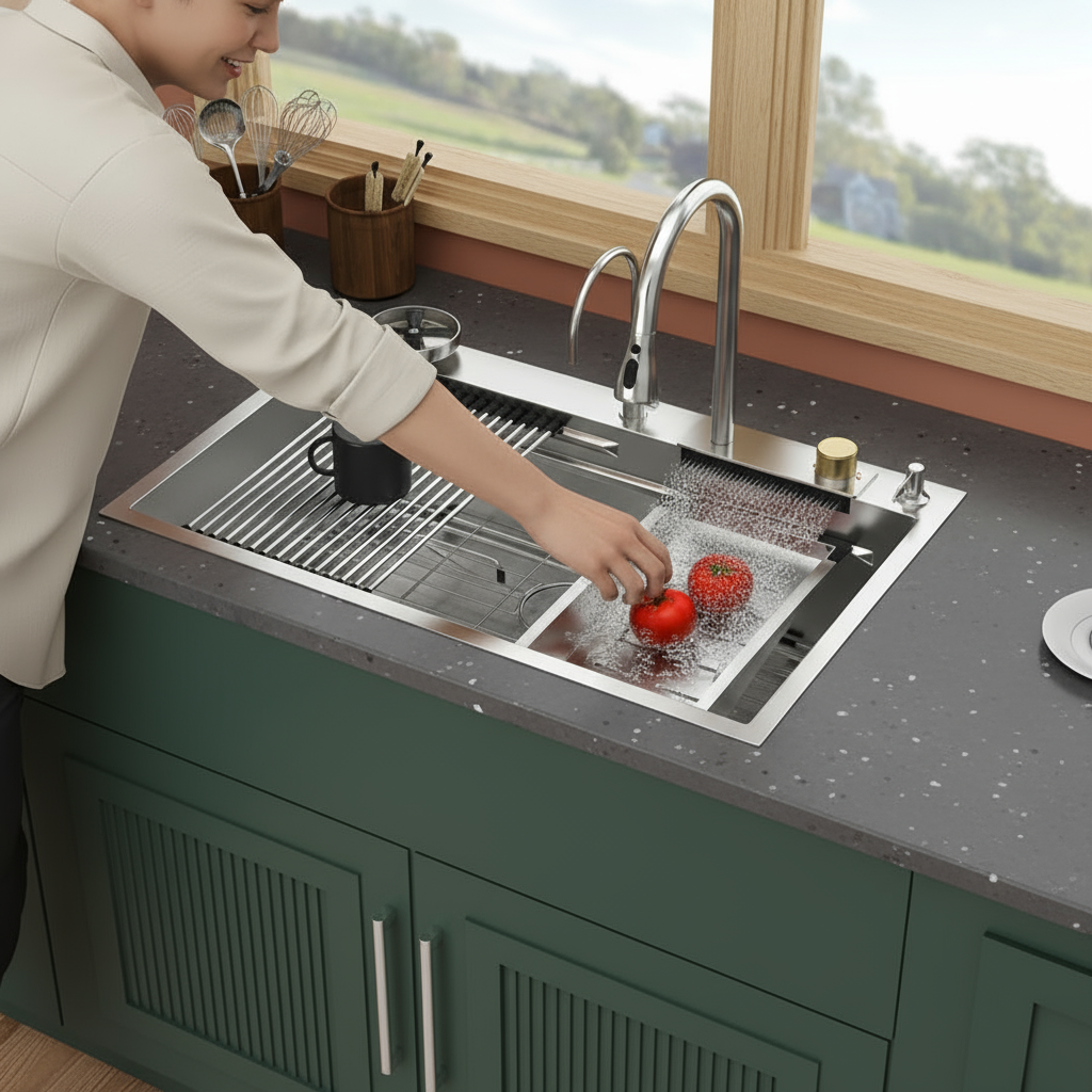 33-inch Topmount Drop-in Workstation Two-Tiered Ledge Single Bowl Stainless Steel Kitchen Sink with Flying Rain Waterfall Kitchen Faucet