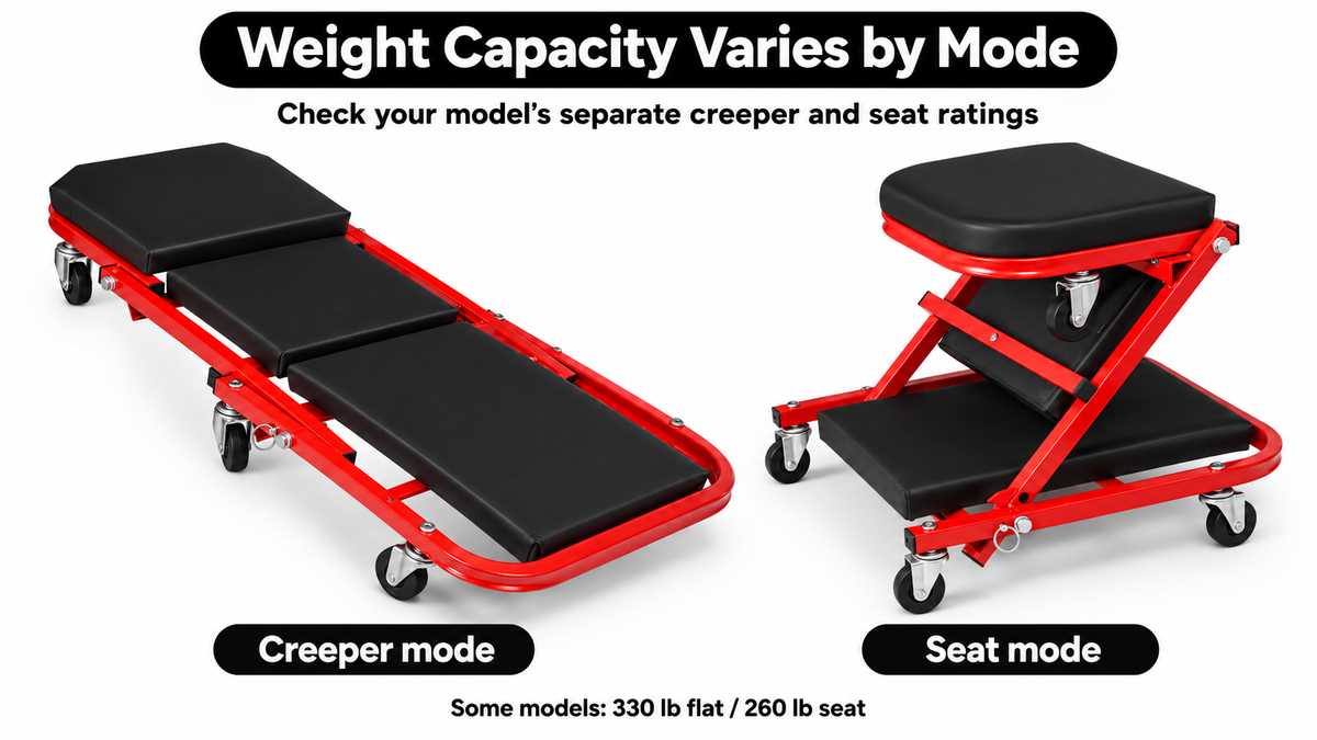 2-in-1 Mechanic Creeper Seat - Folding Z-Creeper, 300-450 lbs -  limitations image 1