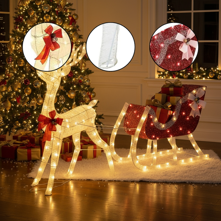 Yaheetech Pre-lit Reindeer & Sleigh Set, 4ft Light-up Christmas Decorations Set w/ 360 LED Lights/Stakes/ZipTies for Outdoor/Ind