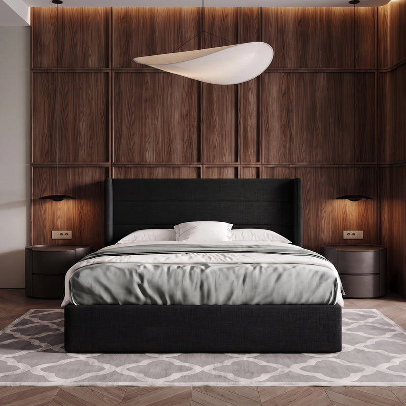 Lift-Up Storage Bed Frame with Upholstered Wingback Headboard - 1
