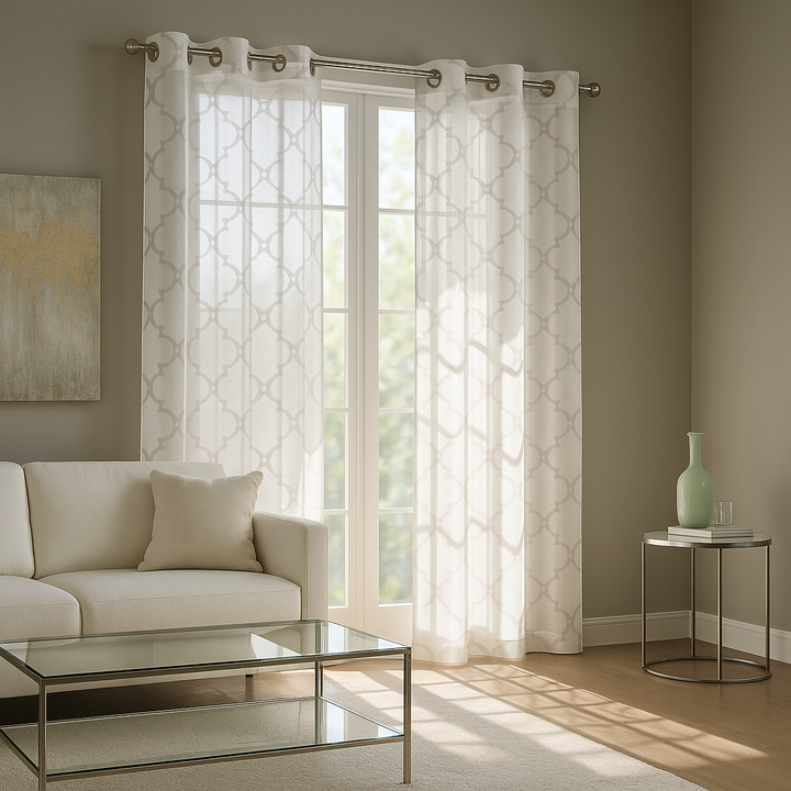 premium Fretwork Burnout Sheer Curtain Panel - 50" Wide Ivory Abstract Pattern Window Treatment with Silver Grommets (Single Panel)
