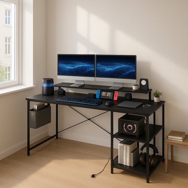 NovaSync 58" Reversible L-Shaped Desk with RGB Lighting & Integrated Power Hub – Black