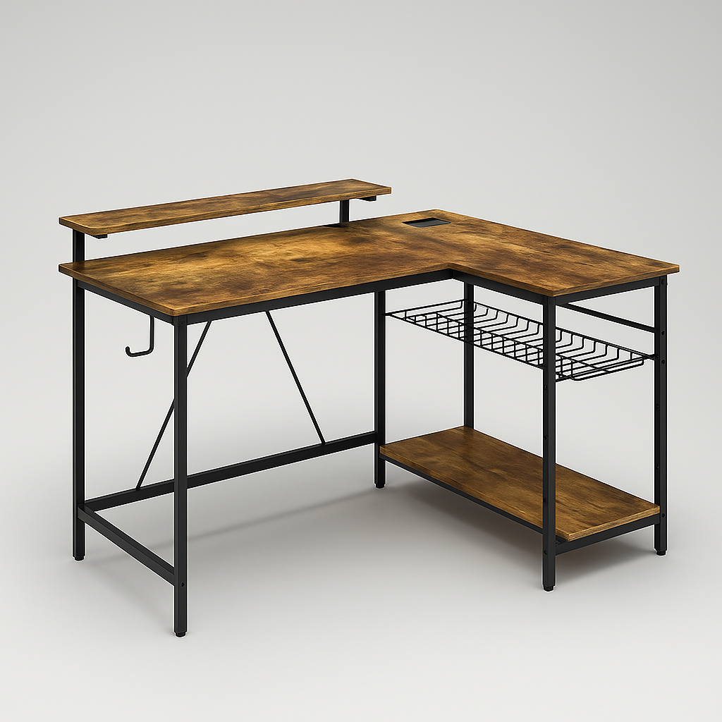 LumoEdge Reversible L-Shaped Desk with LED Lights & Power Hub – Rustic Brown