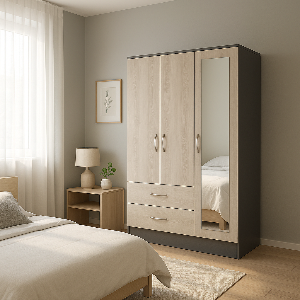 modern Black Rock Mirrored Armoire - Elegant 2-Drawer Wardrobe with Full-Length Mirror & Dual Storage