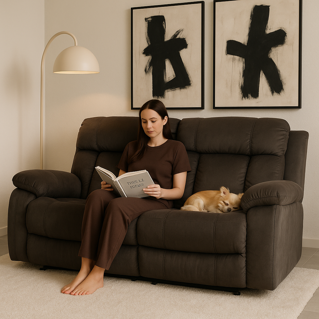 Premium Brown Microsuede Manual Recliner Sofa with Steel Base - Contemporary 3-Seat Glider Reclining Sofa for Modern Living Room