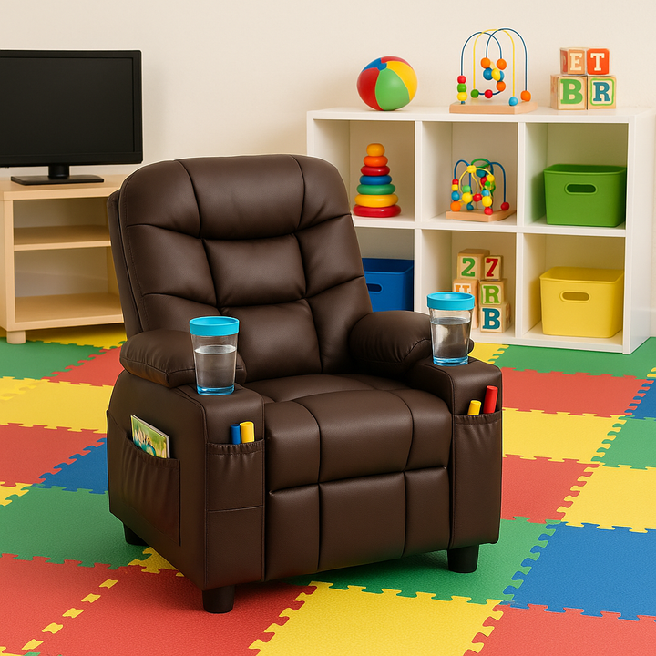 Premium PU Leather Kids Recliner Chair with Dual Cup Holders & Storage Pockets - Ergonomic Youth Furniture with 130° Recline