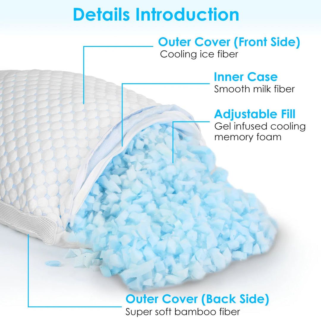 1Pc Shredded Memory Foam Pillow Adjustable Cool Pillow with Extra Filling Machine Washable Cover for Side Back Stomach Sleepers