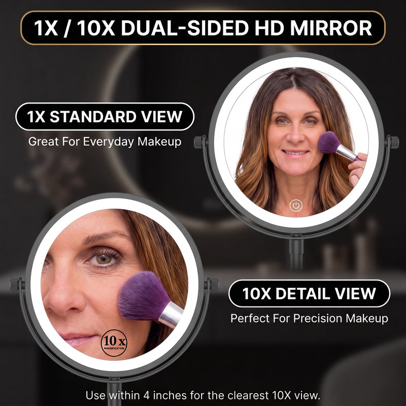 Woman using the 1X and 10X dual-sided magnifying mirror for makeup
