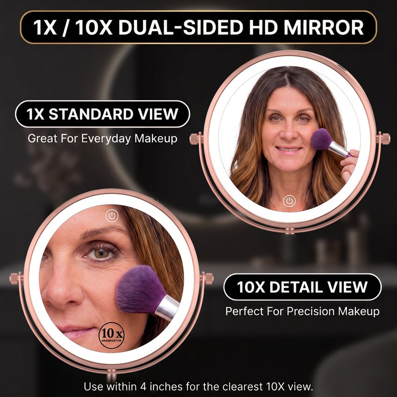 Woman using the 1X and 10X dual-sided magnifying mirror for makeup