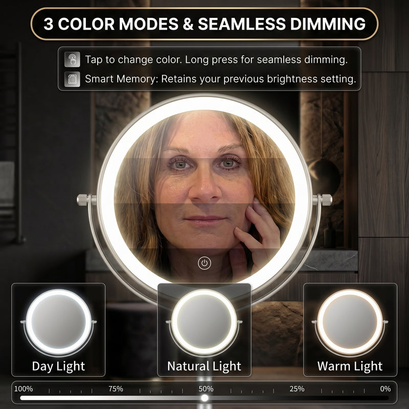 Woman using the 1X and 10X dual-sided magnifying mirror for makeup