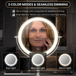 Woman using the 1X and 10X dual-sided magnifying mirror for makeup