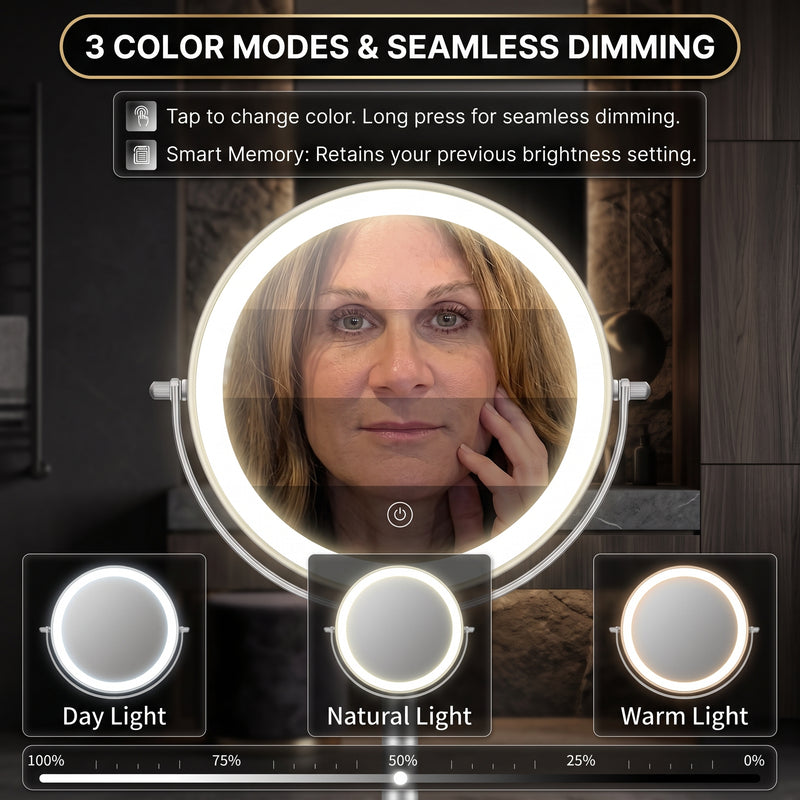 Woman using the 1X and 10X dual-sided magnifying mirror for makeup