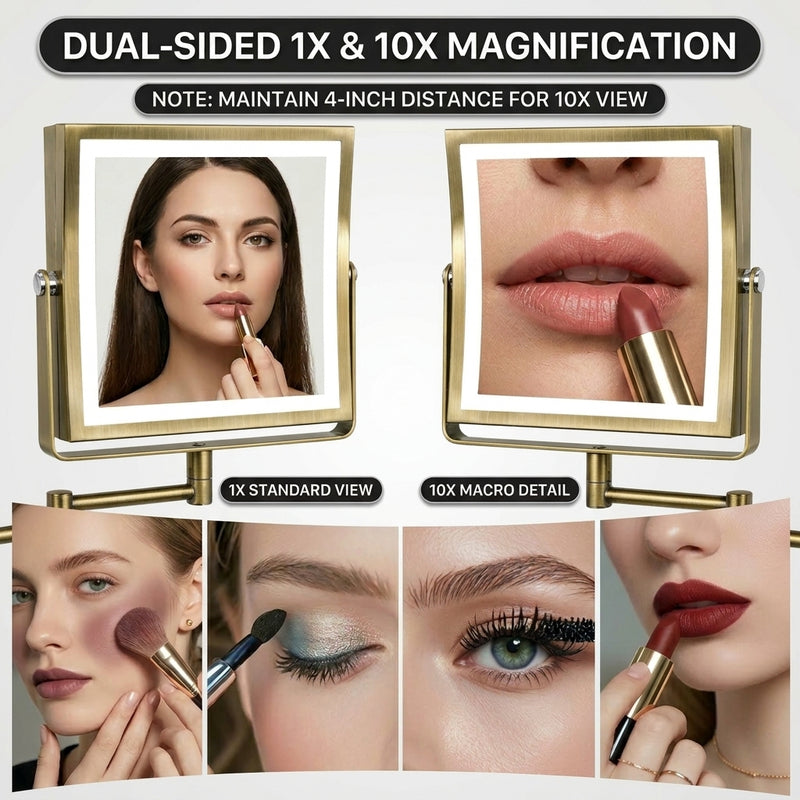 Comparison of 1X standard view and 10X magnified view on the makeup mirror