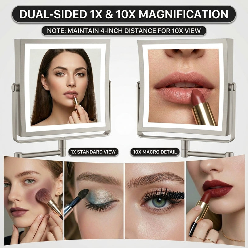 Comparison of 1X standard view and 10X magnified view on the makeup mirror