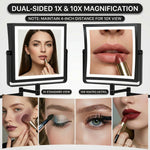 Comparison of 1X standard view and 10X magnified view on the makeup mirror