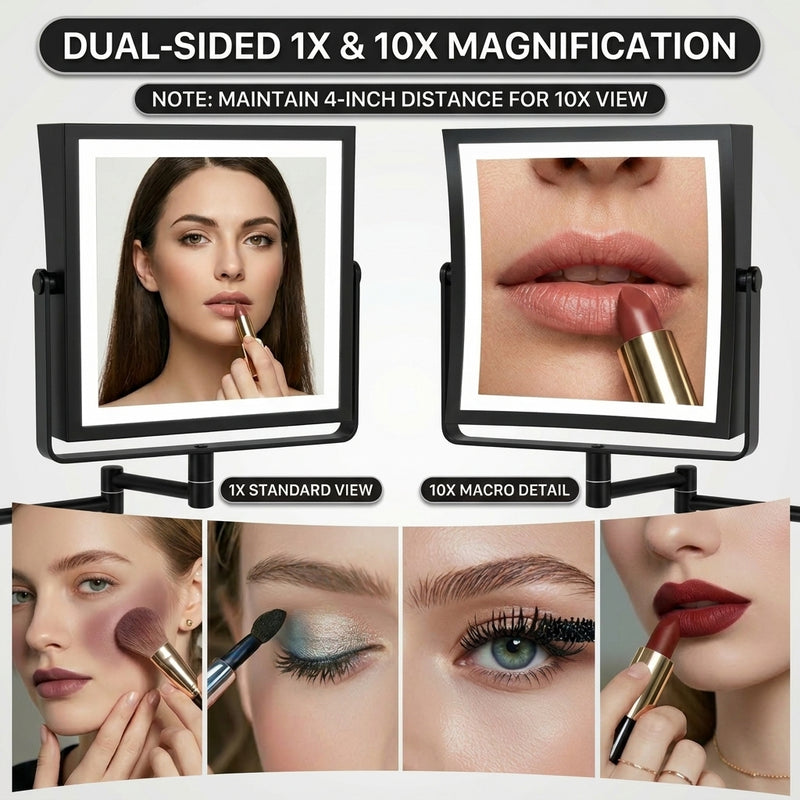 Comparison of 1X standard view and 10X magnified view on the makeup mirror