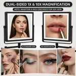 Comparison of 1X standard view and 10X magnified view on the makeup mirror