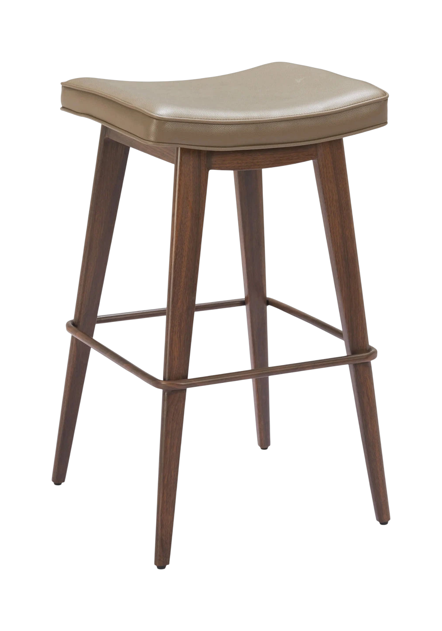Premium Taupe & Walnut Bar Stools Set of 2 - Modern Kitchen Counter Height Chairs with Leather-Like Upholstery & Steel Base