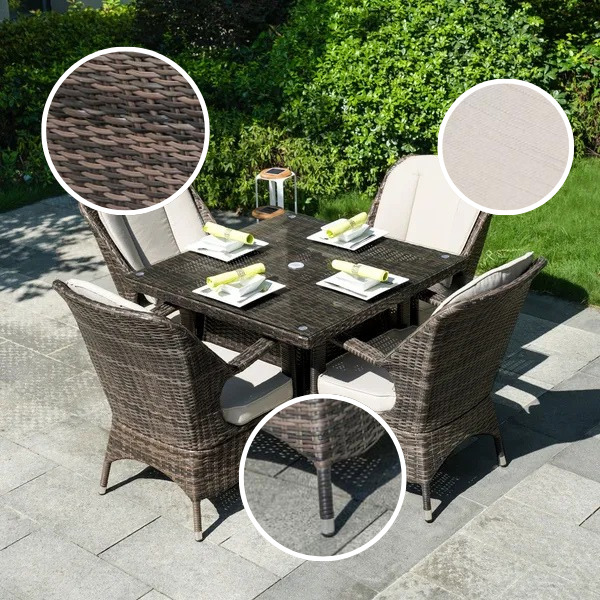 5-Piece Wicker Patio Dining Set – Square Glass Table, Cushions Included | Outdoor Rattan Furniture | Trufairs