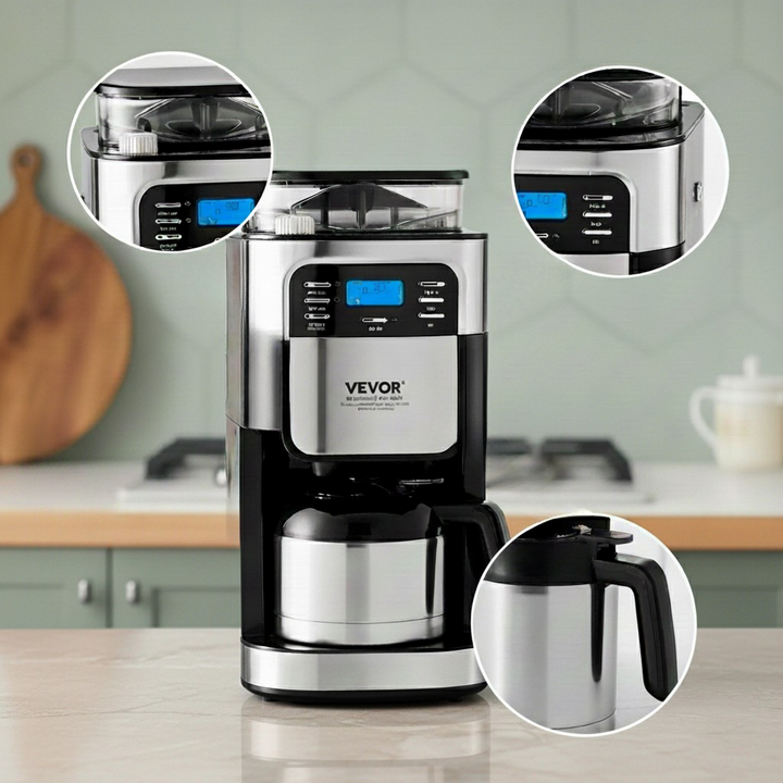 VEVOR Coffee Maker with Grinder, 8 Cup Coffee Machine, Grind and Brew Coffee Maker with 3 Brew Strength Control, 24-Hour Timer for Auto Brew, for Home Office Restaurant