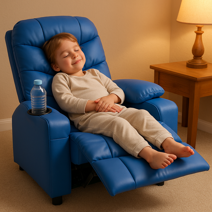 Premium PU Leather Kids Recliner Chair with Dual Cup Holders & Storage Pockets - Ergonomic Youth Furniture with 130° Recline