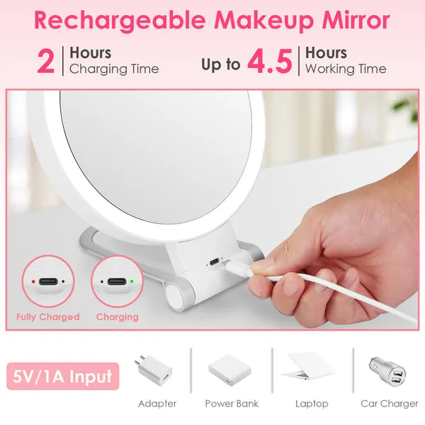 20X/1X Double-Sided Magnifying Makeup Mirror With Light Rechargeable Travel Makeup Mirror With 3 Colors Dimmable Brightness Adjustable Stand Vanity Tabletop Cosmetic Mirror