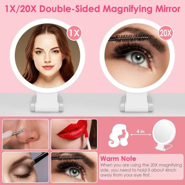 20X/1X Double-Sided Magnifying Makeup Mirror With Light Rechargeable Travel Makeup Mirror With 3 Colors Dimmable Brightness Adjustable Stand Vanity Tabletop Cosmetic Mirror