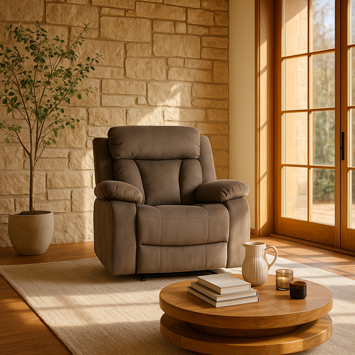 Premium Brown Microsuede Manual Recliner Chair with Steel Base - Contemporary Single-Seat Glider Reclining Chair for Modern Living Room