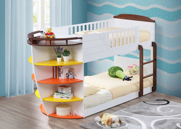 Brown And White Twin Over Twin Wood Bunk Bed With Storage