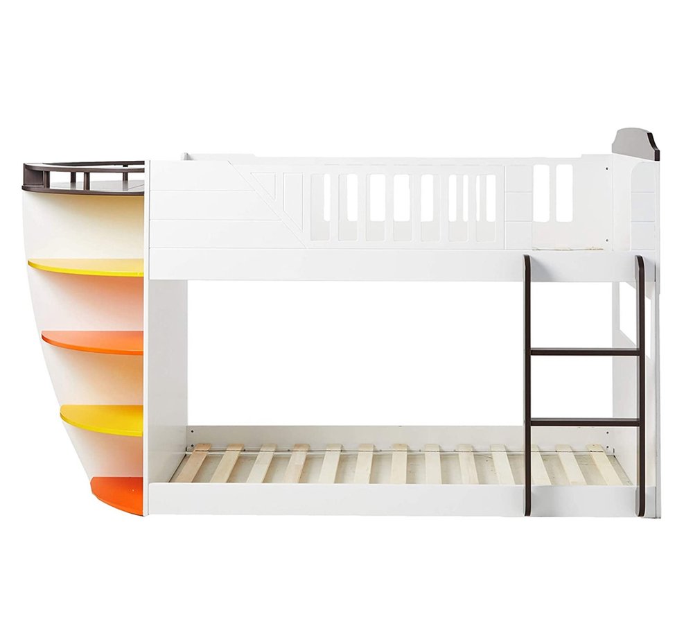 Brown And White Twin Over Twin Wood Bunk Bed With Storage