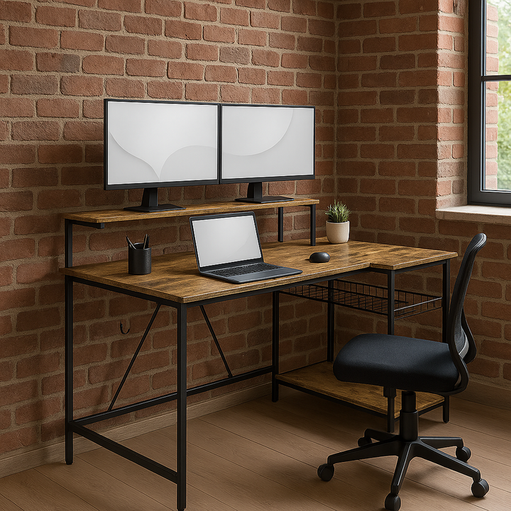LumoEdge Reversible L-Shaped Desk with LED Lights & Power Hub – Rustic Brown