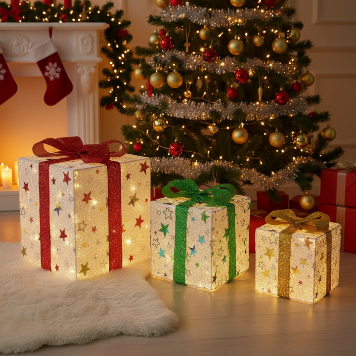 Set of 3 Christmas Lighted Gift Boxes Xmas Present Ornament 50 LED Christmas Box Decorations with Ribbon Bows IP44 Waterproof Battery Powered for Indoor Outdoor Decor