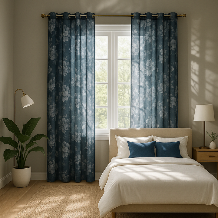Premium Printed Floral Rod Pocket and Back Tab Voile Sheer Curtain - 50" Wide Lightweight Panel with Blush & Neutral Florals on Navy Ground